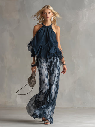 Ludmila | elegante in chiffon con top a collo alto e pantaloni larghi stampati