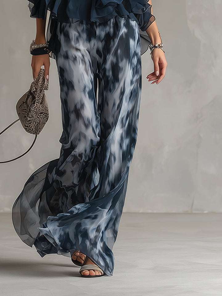 Ludmila | elegante in chiffon con top a collo alto e pantaloni larghi stampati