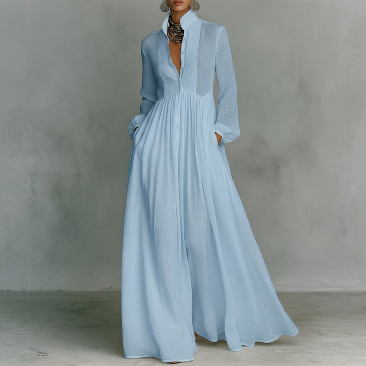 Elisa | Maglia maxi minimalista in cotone e lino con patchwork, collo alto e maniche lunghe