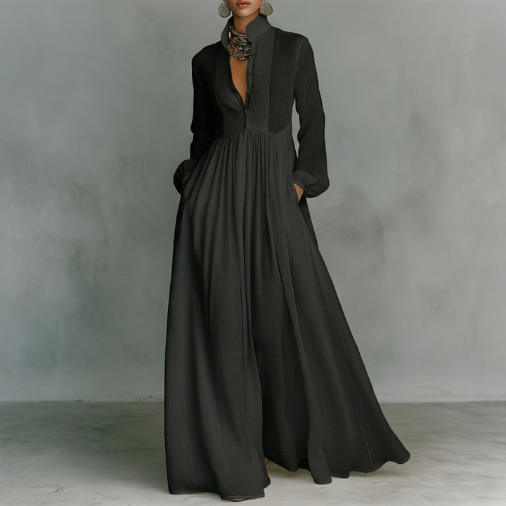 Elisa | Maglia maxi minimalista in cotone e lino con patchwork, collo alto e maniche lunghe
